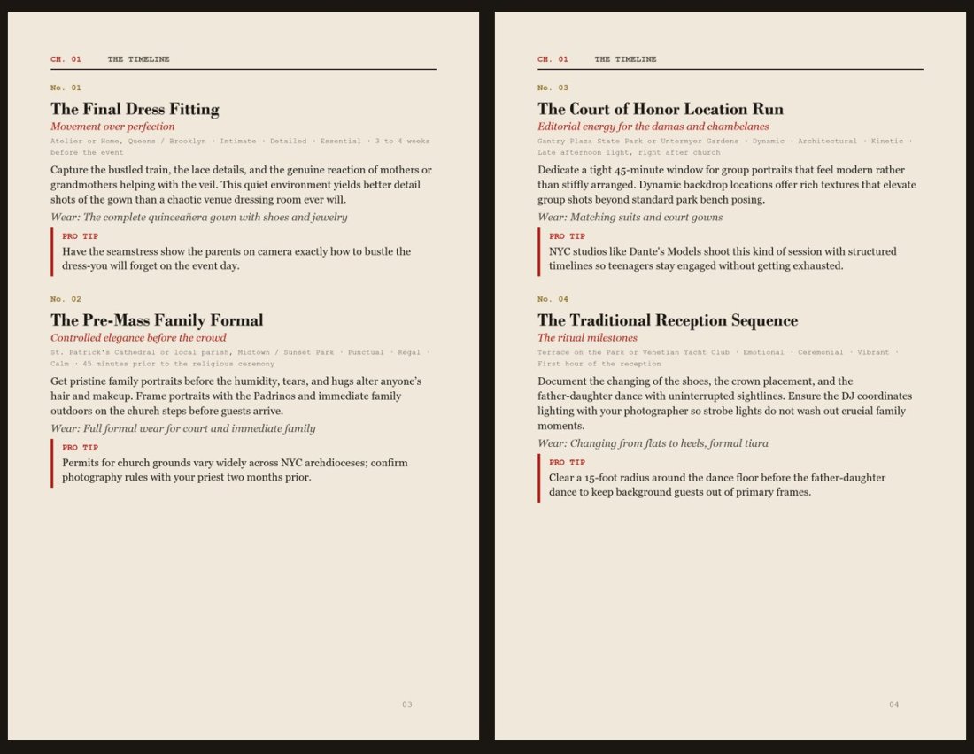 Inside spread of the guide: the timeline chapter with pro tips