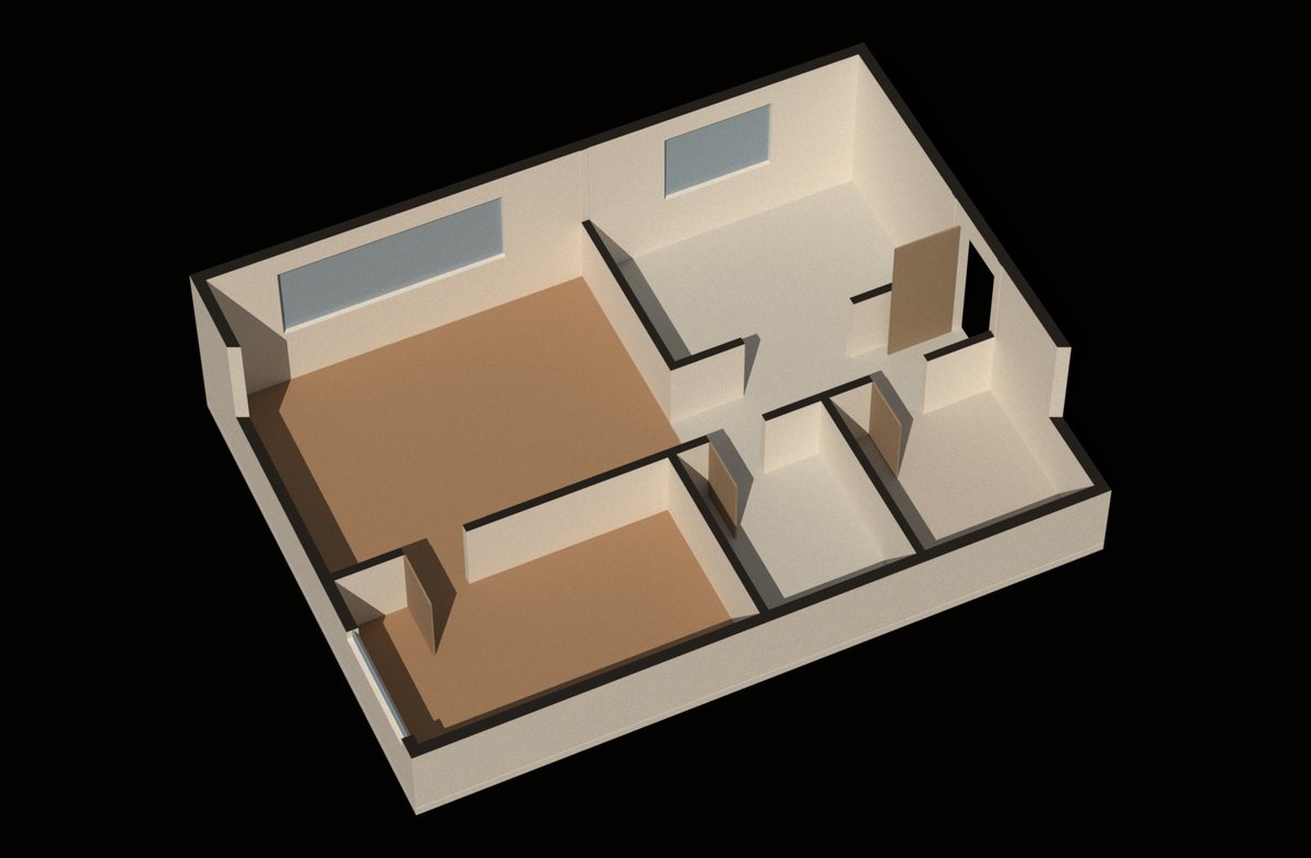 A one bedroom apartment as a 3D model with the partitions cut down so every room shows