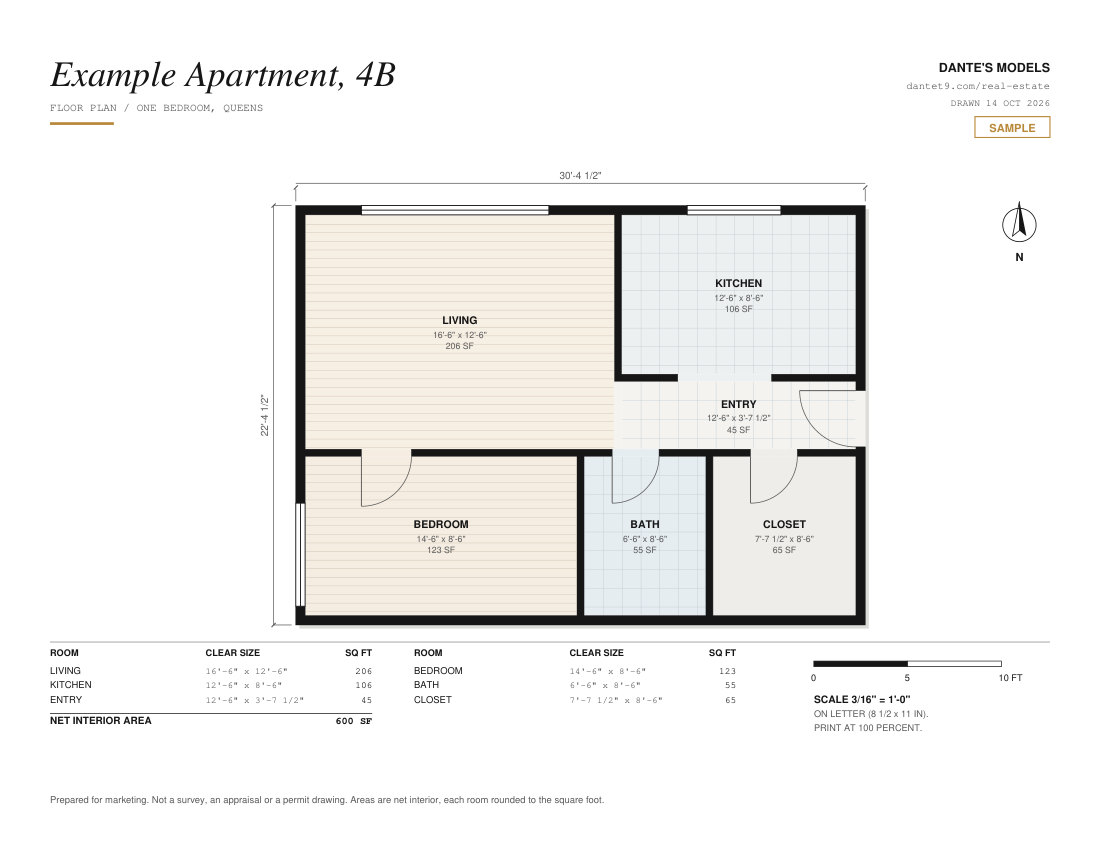 Page one of the sample PDF: a floor plan drawn to scale, with every room's size and area, a scale bar and a total