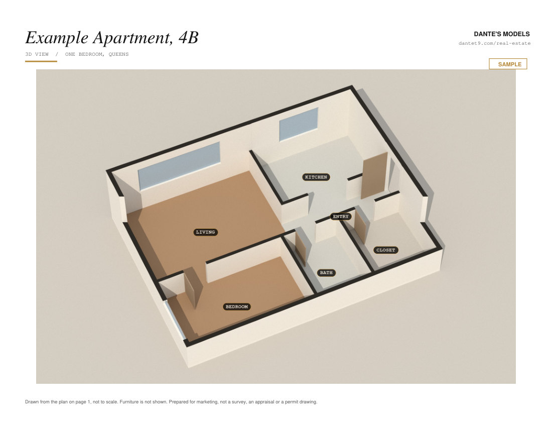 Page two of the sample PDF: the same apartment as a 3D view with the rooms named